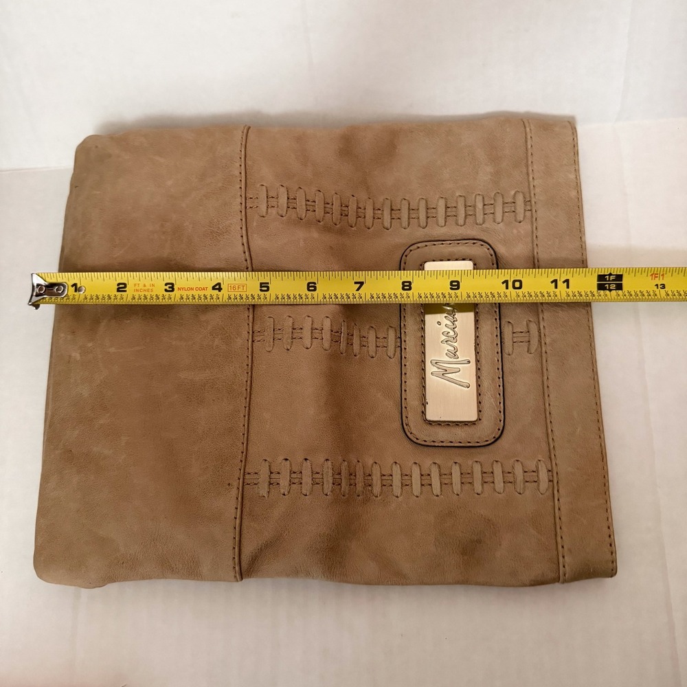 Marciano Angelique Tan‎ Leather Foldover Clutch Bag Gold Logo Accent - Picture 8 of 9